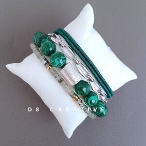 New men's 925 sterling silver with malachite stone and stainless steel bracelet